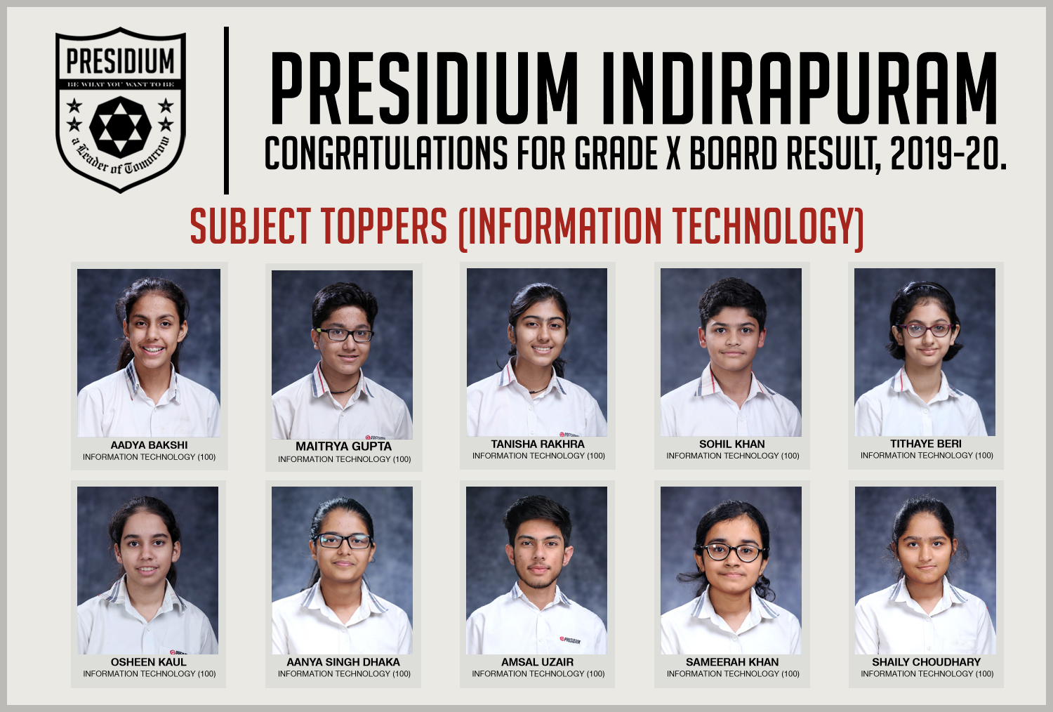 Presidium Indirapuram, KUDOS PRESIDIANS FOR EXCEPTIONAL XTH BOARD RESULTS (2019-20)